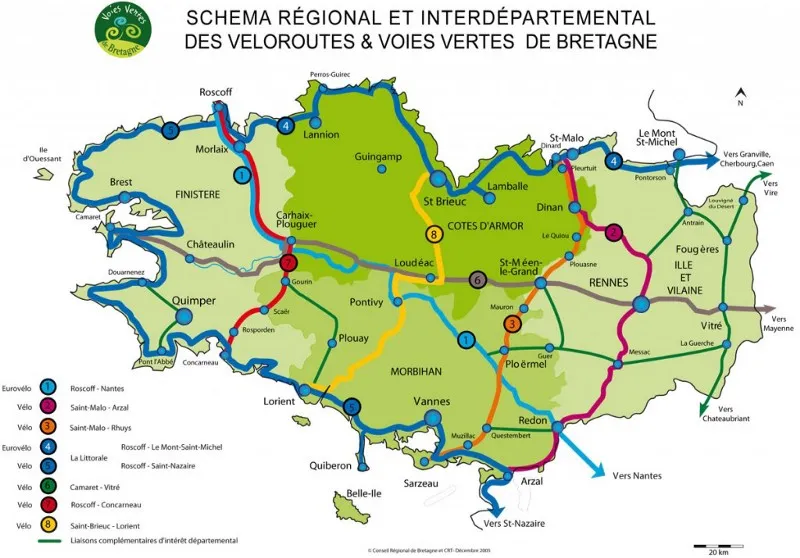 Carte des voies vertes accessibles au VTT en Bretagne